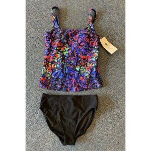 NWT Gottex Tankini Bathing Suit 2 Piece Black Blue Green Red 10 New